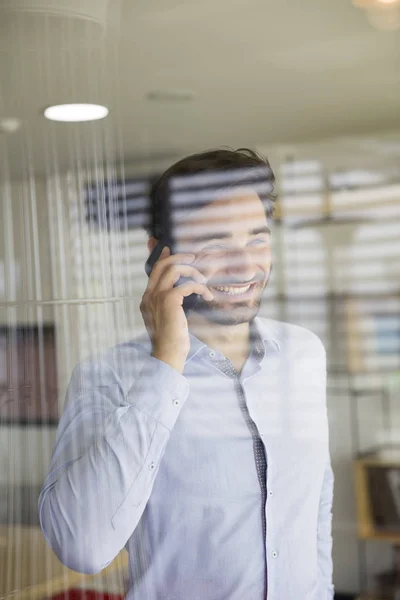 Handsome Young Man Using Mobile Phone Glass Office — Stock Photo, Image