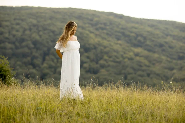 Junge Schwangere Frau Entspannt Sich Sommertagen Draußen Der Natur — Stockfoto