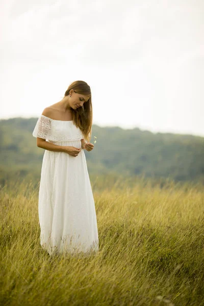 Jonge Zwangere Vrouw Ontspannen Buiten Natuur Een Zomerdag — Stockfoto