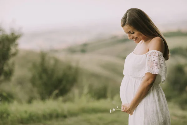 Unga Gravid Kvinna Avkopplande Utanför Naturen Sommardag — Stockfoto