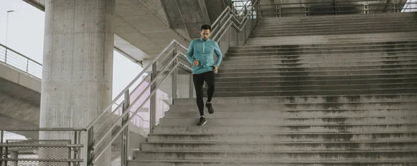 Young Man Running Fast Outdoors City — Stock Photo, Image