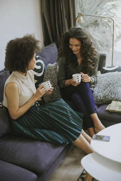 Due Giovani Donne Multirazziali Che Chiacchierano Bevono Caffè Nel Salotto — Foto Stock