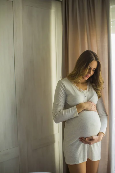 Portrait Young Pregnant Woman Window — Stock Photo, Image