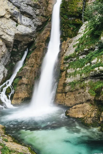 Närbild Vattenfallet Savica Dalen Bohinj Slovenien — Stockfoto