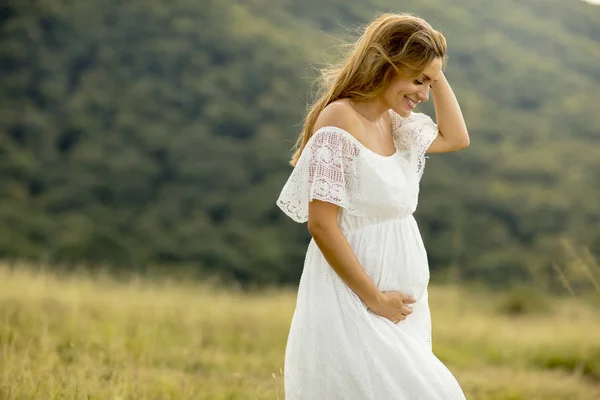 Νεαρή Έγκυος Γυναίκα Χαλαρώνοντας Έξω Στη Φύση Μέρα Του Καλοκαιριού — Φωτογραφία Αρχείου