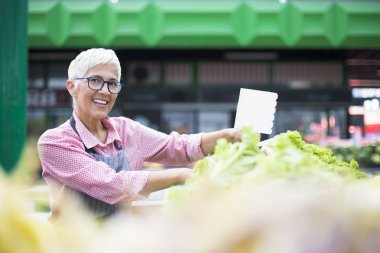 Kadın kıdemli organik sebze piyasasında satıyor