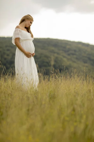 Genç Hamile Kadın Yaz Günü Doğada Dışında Rahatlatıcı — Stok fotoğraf