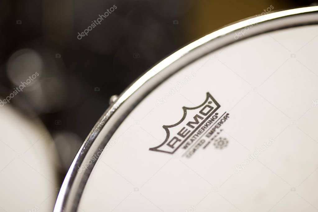 BELGRADE, SERBIA - JULY 23, 2018: Detail of the Remo Instruments drum. Remo Inc. is an American  percussion instrument company, founde dat 1957.