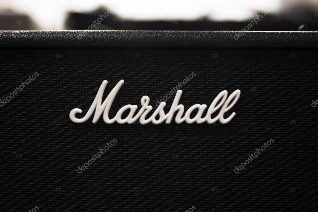 BELGRADE, SERBIA - JULY 23, 2018: Detail of the Marshall amplifier in Belgrade, Serbia. Marshall Amplification is an English company that designs and manufactures music equipment, founded at 1960.
