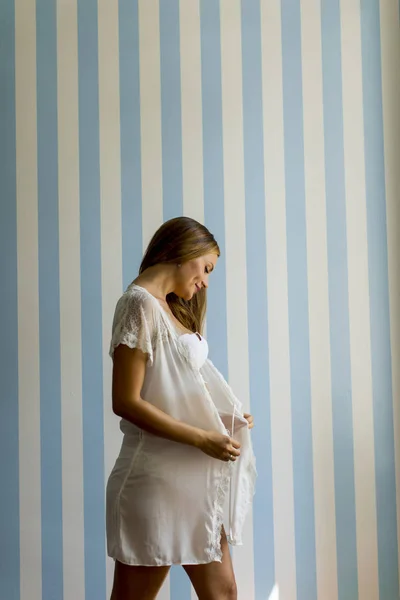 Pretty Young Pregnant Woman Walking Wall Room — Stock Photo, Image