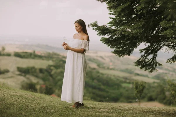 Jonge Zwangere Vrouw Ontspannen Buiten Natuur Een Zomerdag — Stockfoto