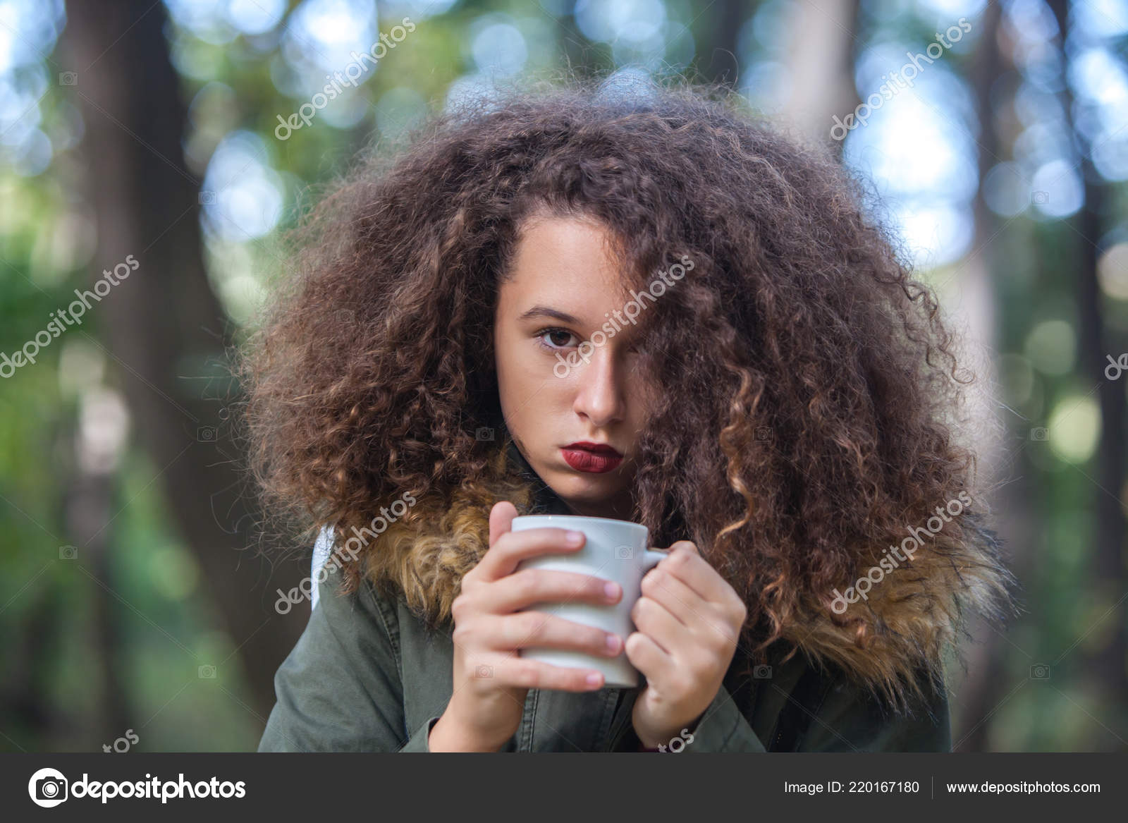 Portrait Curly Hair Teen Girl Holding Mug Park Stock Photo