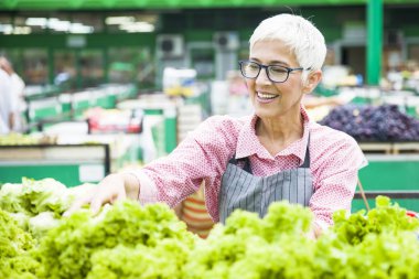 Kadın kıdemli portresi marul satış alanı'nda satıyor