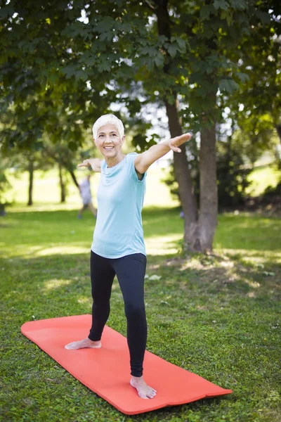 Mujer Mayor Haciendo Ejercicio Parque Verde Día Verano — Foto de Stock