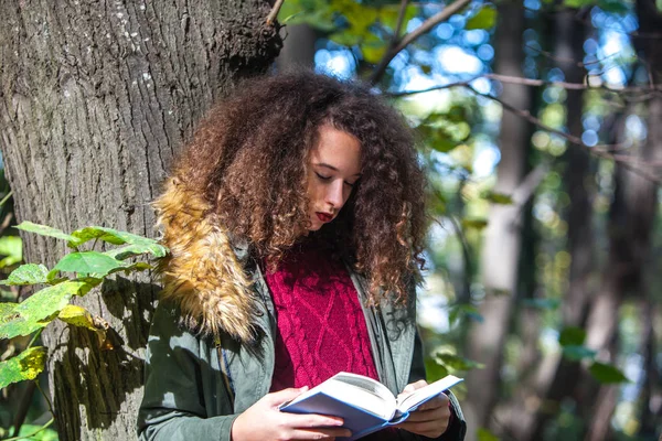 Portrait Curly Hair Teen Girl Reading Book Autumn Park — Stock Photo, Image