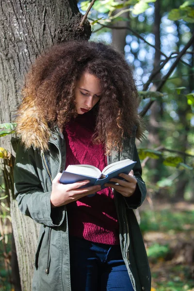 Portrait Curly Hair Teen Girl Reading Book Autumn Park — Stock Photo, Image