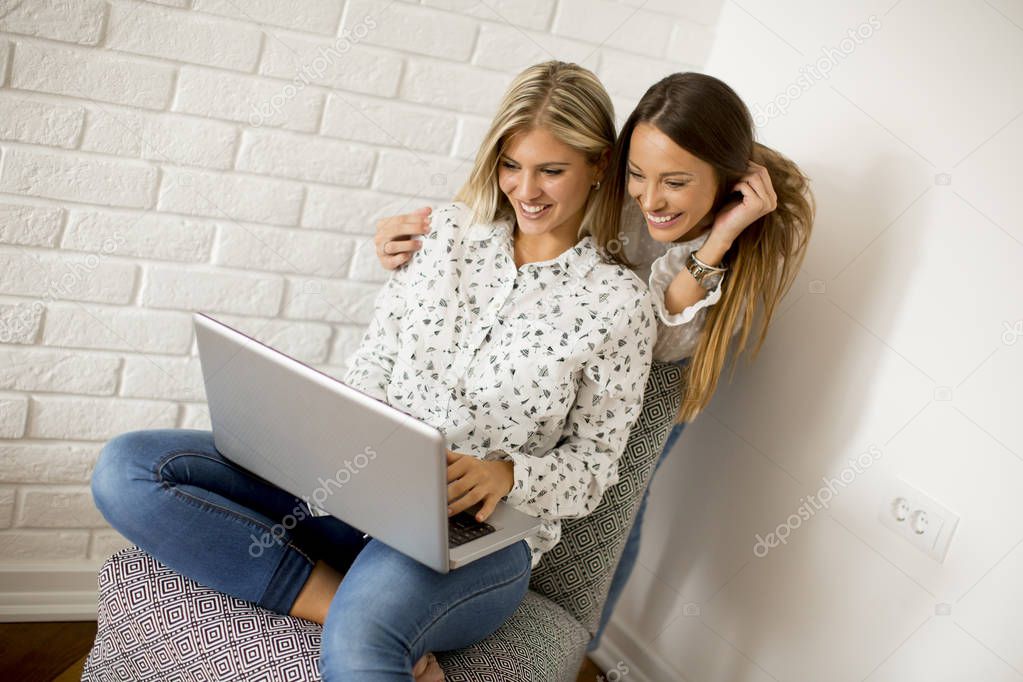 Pretty young women using laptop in the room at home