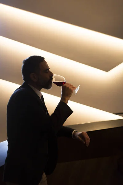 Porträtt Senior Stilig Man Dricker Rött Vin — Stockfoto