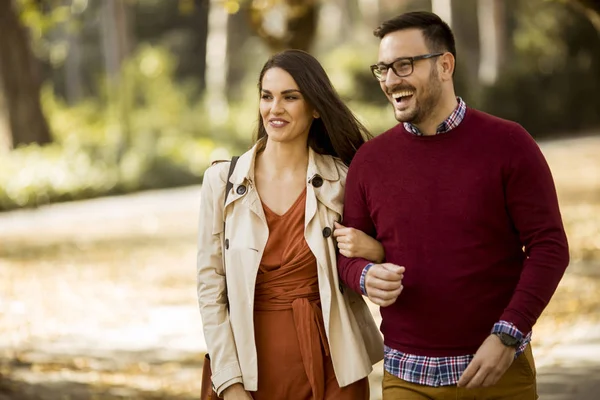 Amare Giovane Donna Uomo Che Camminano Nel Parco Cittadino Tenendosi — Foto Stock