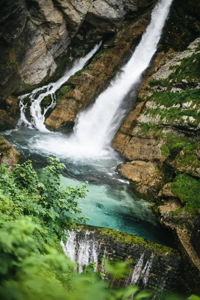 Närbild Vattenfallet Savica Dalen Bohinj Slovenien — Stockfoto