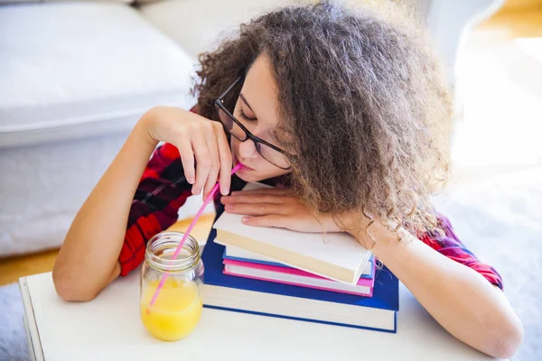 Top View Curly Hair Teen Girl Drinks Juice Resting Books — Stock Photo, Image