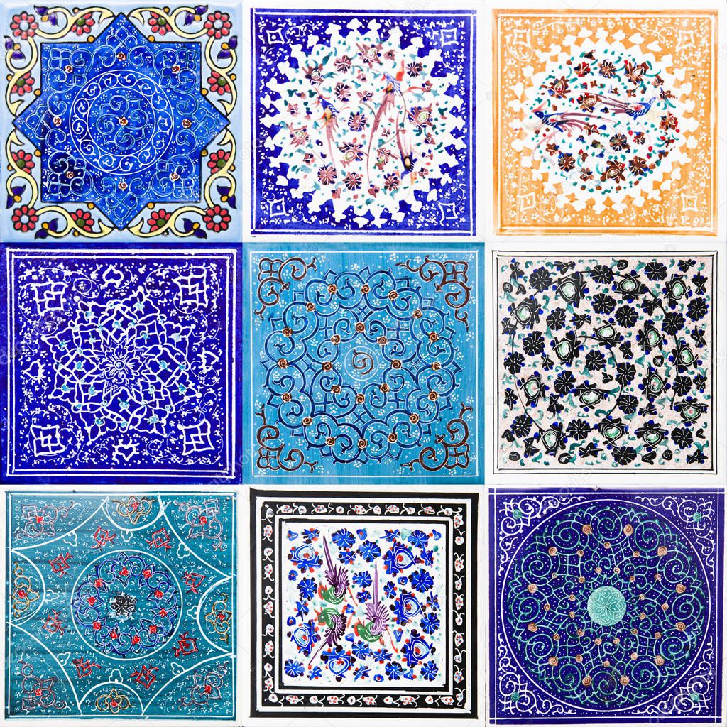 View at set of colorful traditional Iranian decorative ceramic tiles