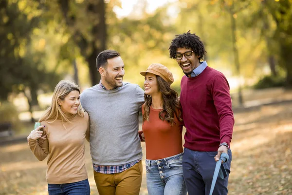 Jóvenes Multiraciales Caminando Parque Otoñal Divirtiéndose —  Fotos de Stock