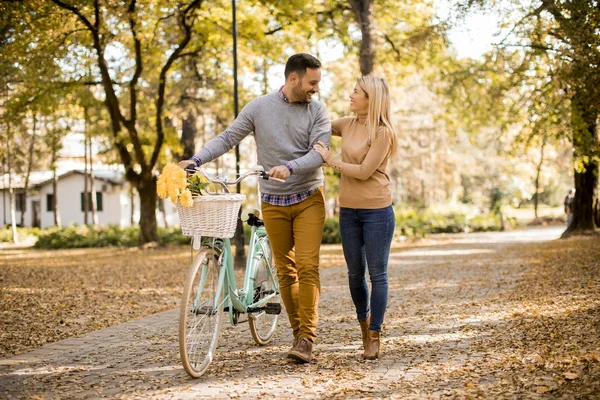 Active Young Couple Enjoying Together Romantic Walk Bicycle Golden Autumn — Stock Photo, Image