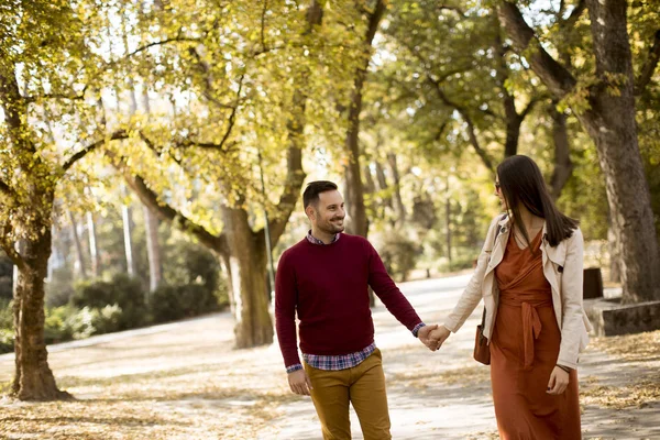 Amar Joven Hombre Caminando Por Parque Ciudad Tomados Mano — Foto de Stock