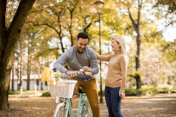 Active Young Couple Enjoying Together Romantic Walk Bicycle Golden Autumn — Stock Photo, Image