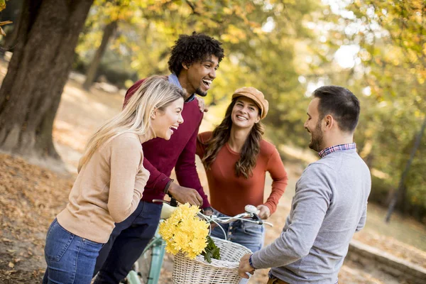 Multiracial Young People Walking Autumn Park Having Fun — Stock Photo, Image