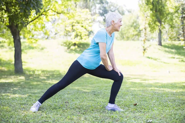 Trening Seniorów Kobieta Parku Utrzymanie Zdrowia Starszej Pani Koncepcji Emerytury — Zdjęcie stockowe