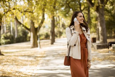 Cep telefonu sonbahar parkta güzel günde kullanan mutlu genç kadın