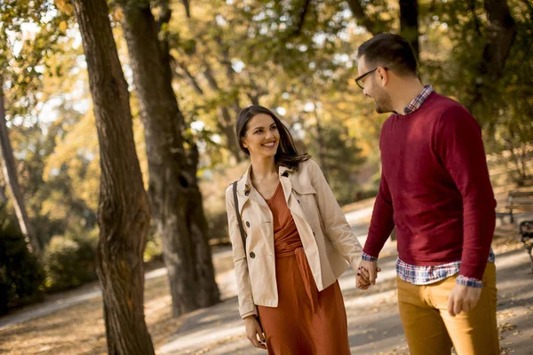 Mooie Jonge Paar Wandelen Herfst Park — Stockfoto