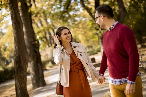 Adorável Jovem Casal Andando Parque Outono — Fotografia de Stock