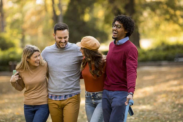 Multiracial Young People Walking Autumn Park Having Fun — Stock Photo, Image