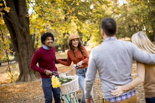 多民族の若者が秋の公園を散歩して 楽しい時を過す — ストック写真