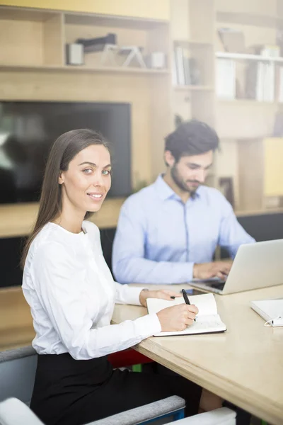 Retrato Dos Empresarios Discutiendo Nuevo Proyecto Oficina Moderna — Foto de Stock