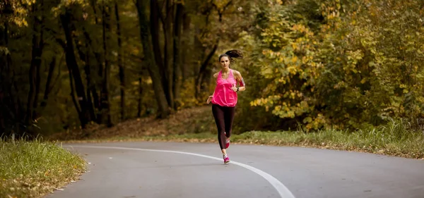 Joven Mujer Fitness Corriendo Por Sendero Forestal Otoño Dorado —  Fotos de Stock