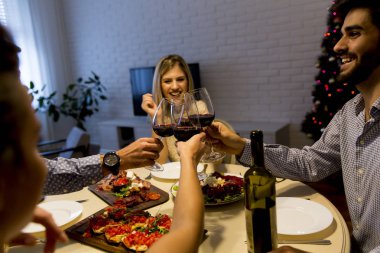 Genç arkadaşlar evde Noel ve yeni yıl arifesinde kutluyor