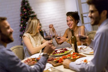 Genç arkadaşlar evde Noel ve yeni yıl arifesinde kutluyor