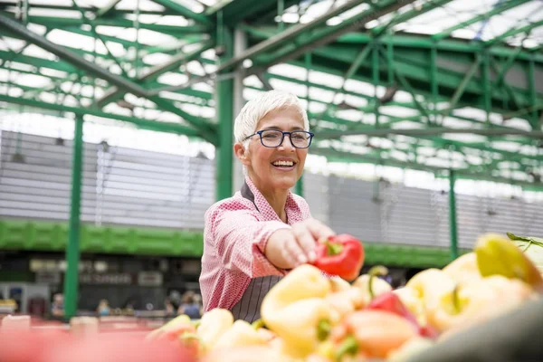 Senior Kvinna Säljer Ekologiska Grönsaker Marknaden — Stockfoto