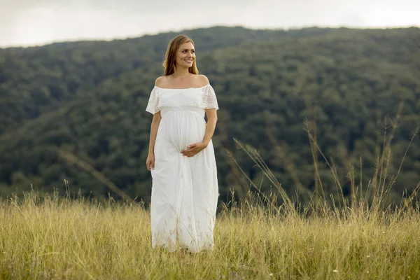 Mujer Embarazada Joven Relajarse Aire Libre Naturaleza Día Verano — Foto de Stock