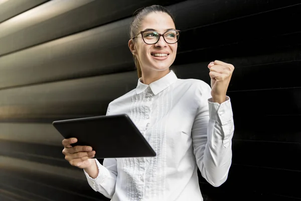 Pretty Young Woman Digital Tablet Office Building Wall — Stock Photo, Image