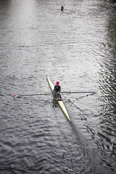 Hannover, Almanya - 27 Ekim 2018: Hannover, Almanya'nın kürek kimliği belirsiz bir kadın. Maschsee Gölü sayesinde IHME ve Leine Hanover barındıran birçok Kürek Kulübü.