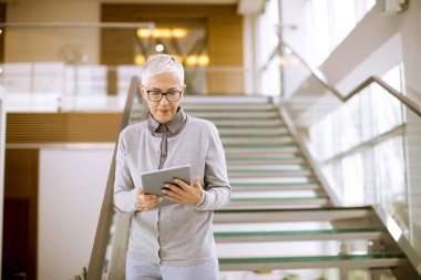 Neşeli işkadını ofiste tablet bilgisayar kullanarak portresi