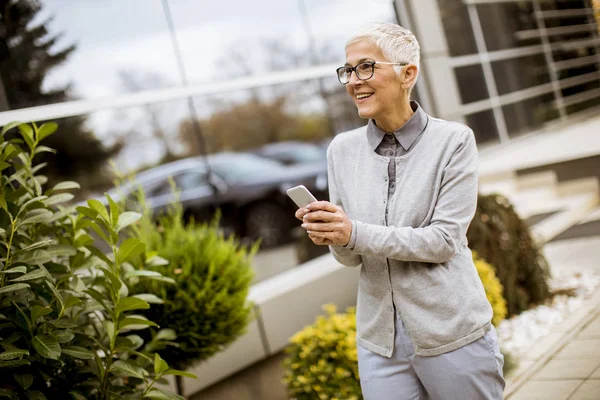 Smiling Senior Businesswoman Talking Phone While She Standing Front Office — Foto de Stock