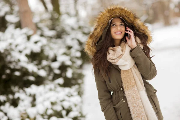 户外冬季用手机微笑的年轻女子肖像 — 图库照片