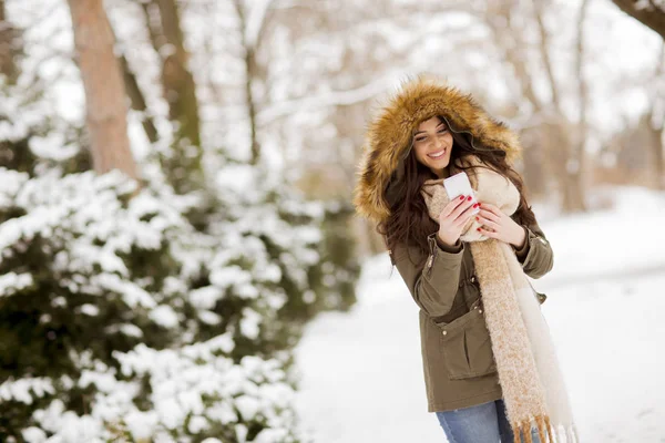 Retrato Una Joven Sonriente Con Teléfono Celular Invierno Aire Libre — Foto de Stock