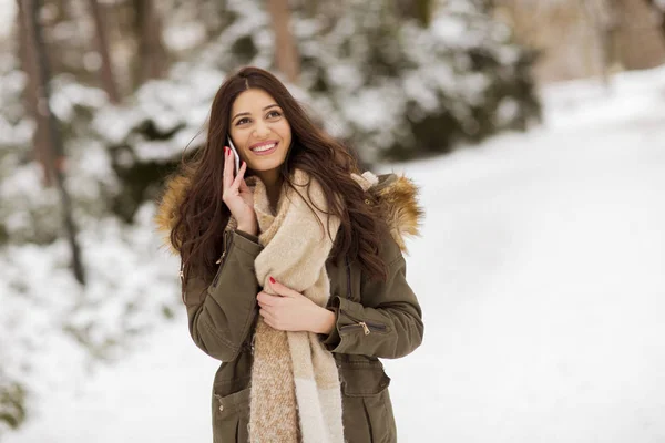 Portret Uśmiechający Się Młoda Kobieta Telefonu Komórkowego Zimie Zewnątrz — Zdjęcie stockowe